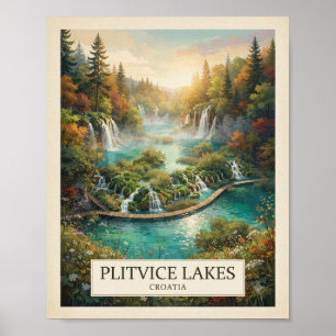 Vintage Plitvice Lakes Croatia Travel Poster Wat