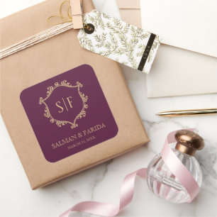 Vintage Plum Gold Crest Monogram Wedding Favour Square Sticker