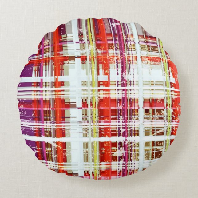 Vintage Plum Peach Grape Retro Plaid Round Pillow (Front)