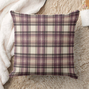 Vintage Plum Purple & Cream Tartan Plaid Throw Pillow