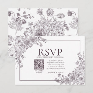 Vintage Plum Purple Floral Line Art QR Code RSVP