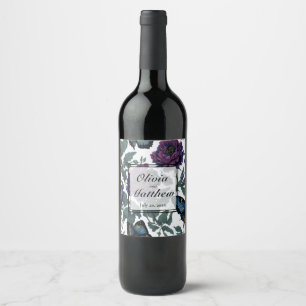 Vintage plum purple magenta floral butterflies wine label