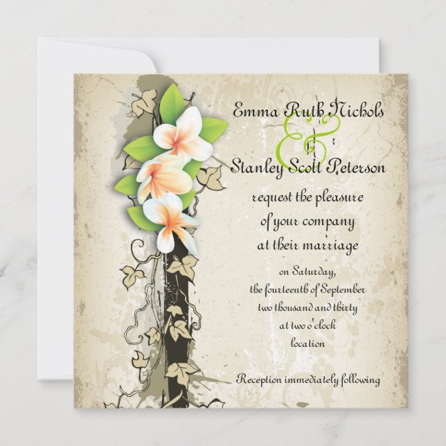 Vintage plumeria and ivy beige wedding invitation (Front)