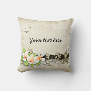 Vintage plumeria/frangipani and ivy beige throw pillow