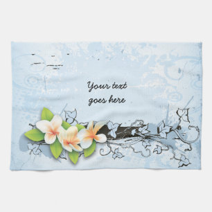 Vintage plumeria/frangipani and ivy on blue kitchen towel