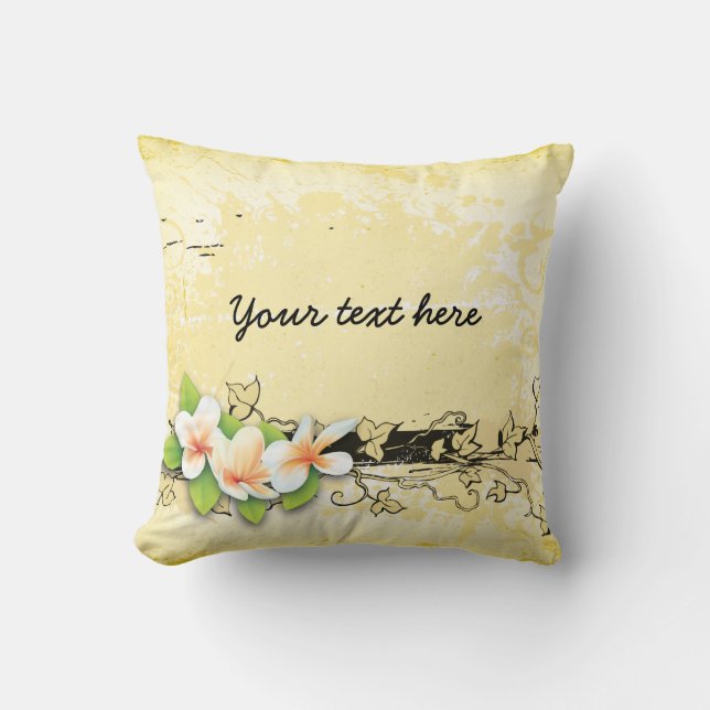 Vintage plumeria/frangipani and ivy yellow throw pillow (Front)