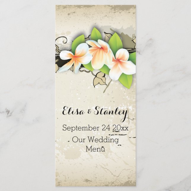 Vintage plumeria & ivy beige wedding menu card (Front)