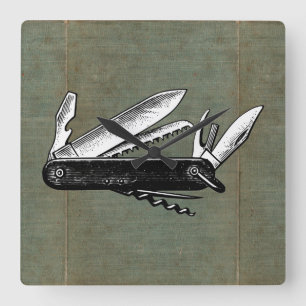 Vintage Pocket Knife Art Square Wall Clock