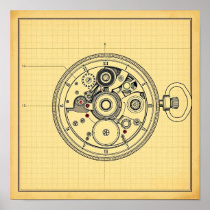 Vintage Pocket Watch Blueprint Print