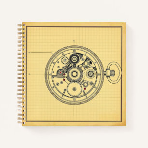 Vintage Pocket Watch Blueprint Print Notebook