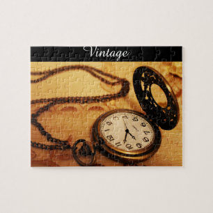 Vintage pocket watch photography on puzzle