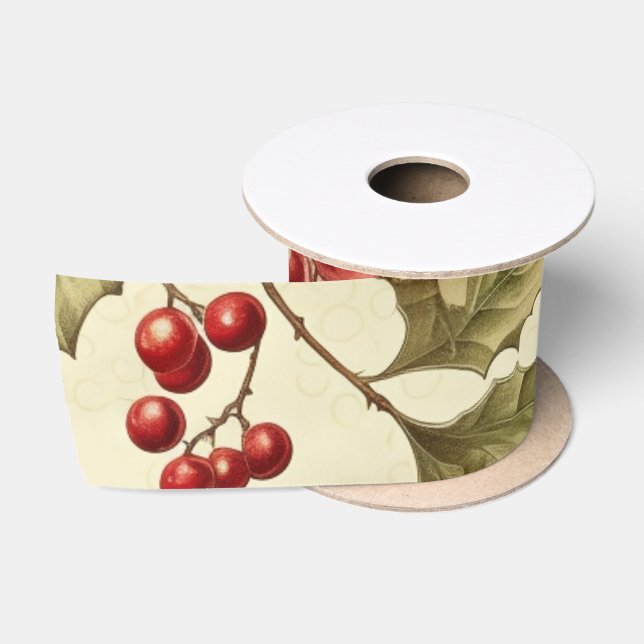 Vintage Poinsettia and Berries Pattern Christmas Satin Ribbon (Spool)