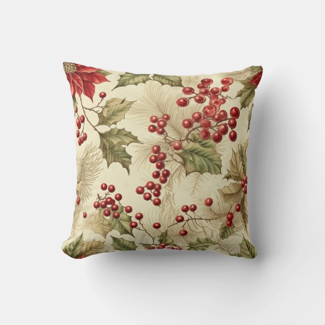 Vintage Poinsettia and Berries Pattern Christmas Throw Pillow (Front)