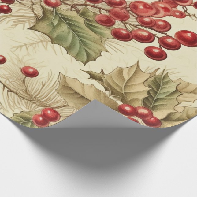Vintage Poinsettia and Berries Pattern Christmas Wrapping Paper (Corner)