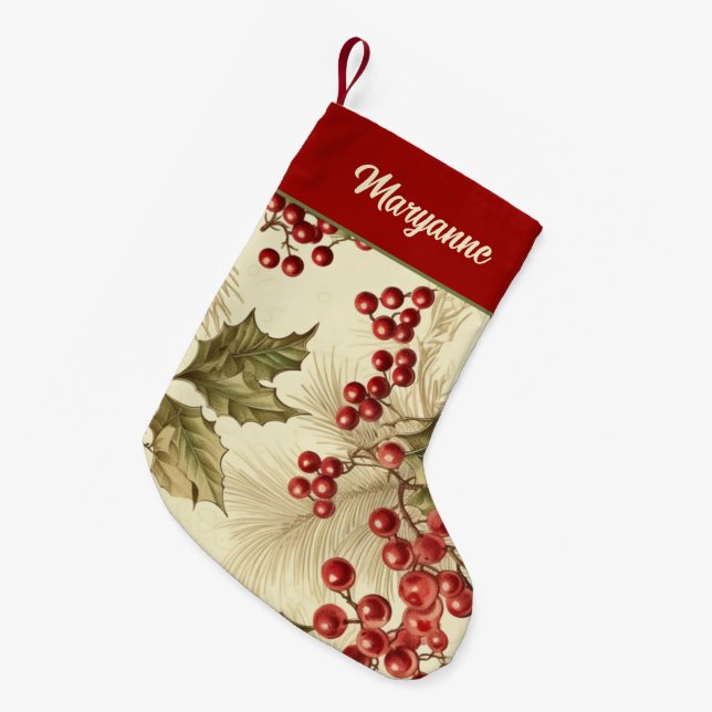 Vintage Poinsettia and Berries Pattern Small Christmas Stocking (Front (Hanging))