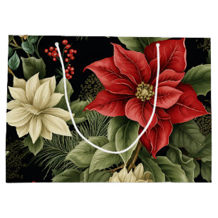 Vintage Poinsettia Pattern Christmas Large Gift Bag