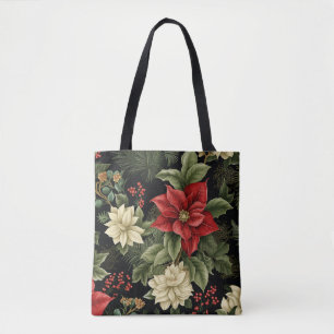Vintage Poinsettia Pattern Christmas Tote Bag