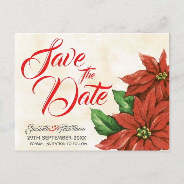 Vintage Poinsettia Save the Date Postcard (Front)