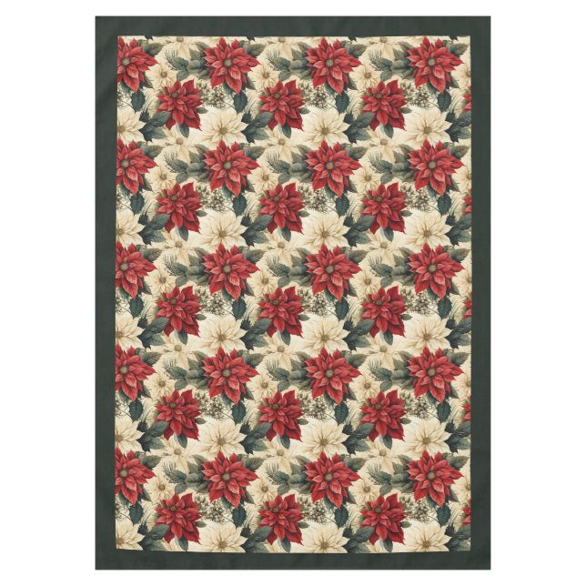 Vintage Poinsettia Tablecloth Cottagecore Holiday (Front)