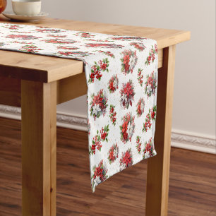 Vintage Poinsettias And Holly Christmas White Short Table Runner
