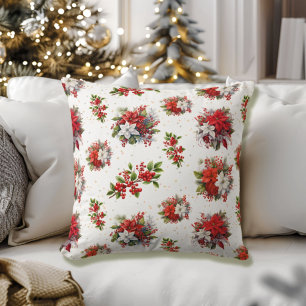 Vintage Poinsettias And Holly Christmas White Throw Pillow