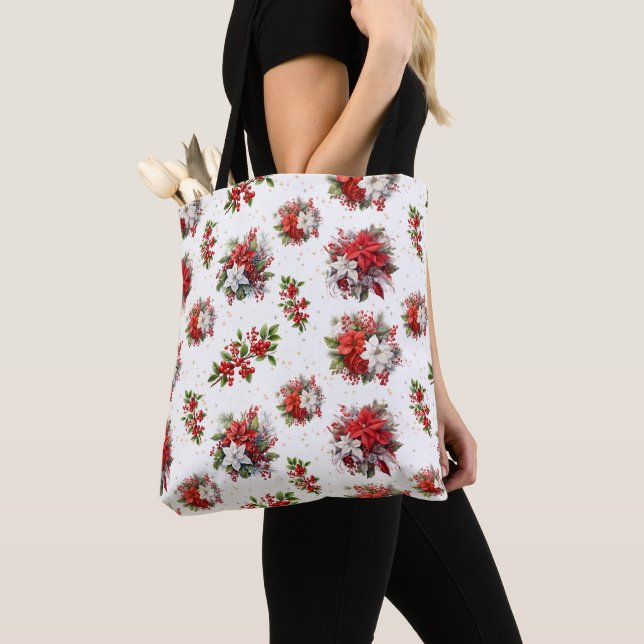 Vintage Poinsettias And Holly Christmas White Tote Bag (Close Up)