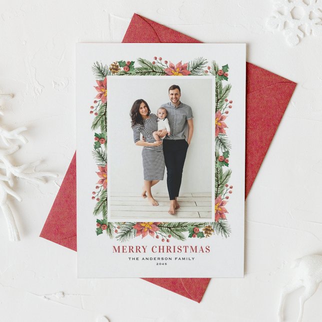 Vintage Poinsettias Pine Needles Christmas Photo Holiday Card (Vintage Poinsettias Pine Needles Merry Christmas Photo Holiday Card)