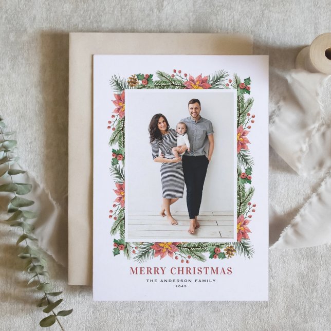 Vintage Poinsettias Pine Needles Christmas Photo Holiday Card (Vintage Poinsettias Pine Needles Merry Christmas Photo Holiday Card)