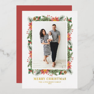 Vintage Poinsettias Pine Needles Merry Christmas Foil Holiday Card
