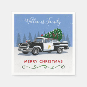 Vintage Police Car Christmas Tree Monogram Napkin