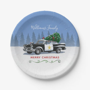 Vintage Police Car Christmas Tree Monogram Paper Plate