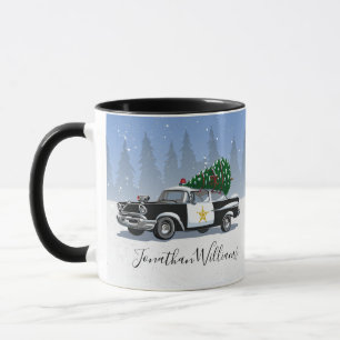 Vintage Police Car Christmas Tree Snow Monogrammed Mug