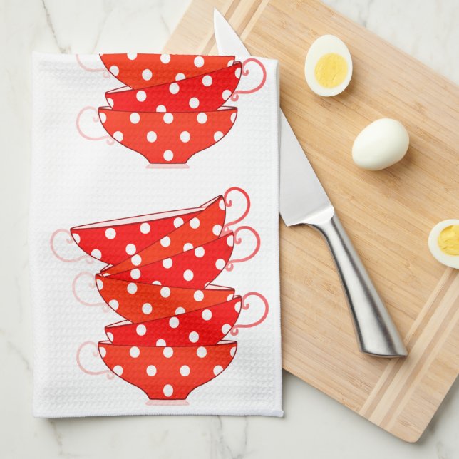Vintage Polka dot teacup red white Kitchen Towel (Quarter Fold)