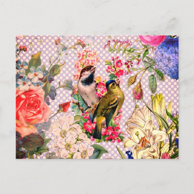 Vintage polka dots bird colourful flowers postcard (Front)