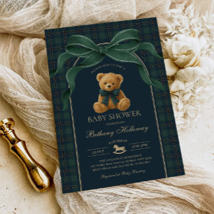 Vintage Polo Teddy Bear Green Plaid Baby Shower Invitation
