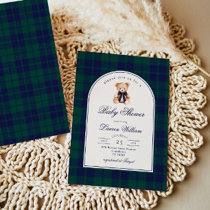 Vintage Polo Teddy bear Navy Plaid Baby Shower Invitation