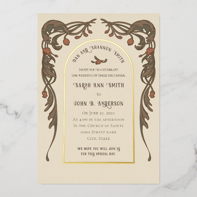 Vintage Pomegranate Invitation, Gold Arch (Front)