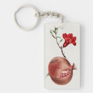 Vintage Pomegranate Red Fruit And Flower Art Keychain