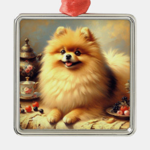 Vintage Pomeranian Dog Painting Metal Ornament