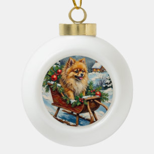 Vintage Pomeranian in Wooden Christmas Sleigh Ceramic Ball Christmas Ornament
