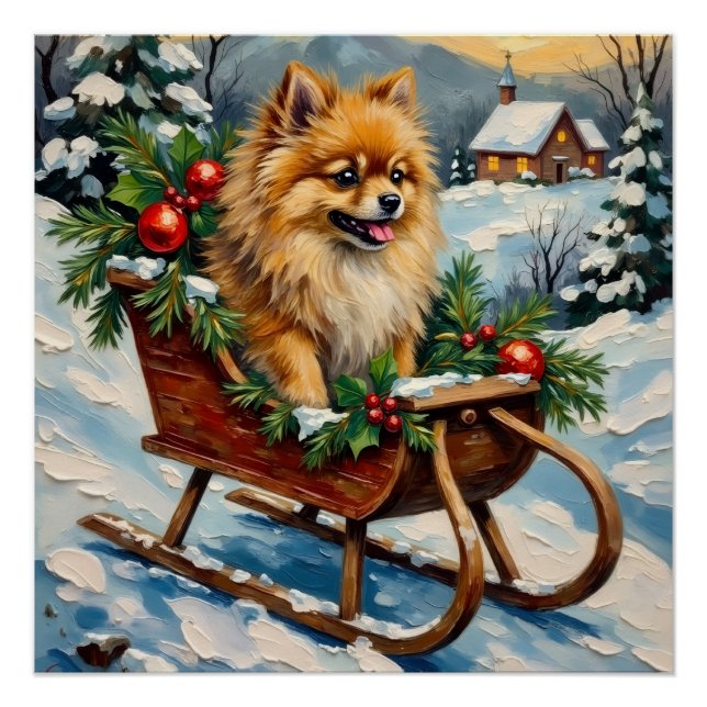 Vintage Pomeranian in Wooden Christmas Sleigh Poster (Front)