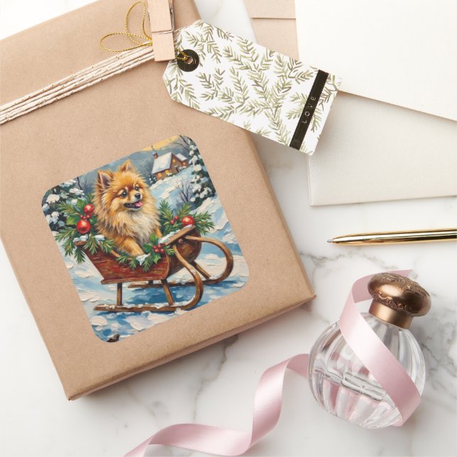 Vintage Pomeranian in Wooden Christmas Sleigh Square Sticker (Gifting)