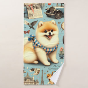 Vintage Pomeranian Seamless Illustration Bath Towel