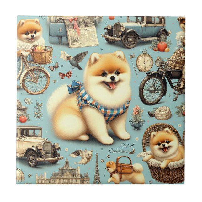 Vintage Pomeranian Seamless Illustration Tile (Front)