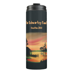 Vintage pond sunset pontoon escape green red thermal tumbler