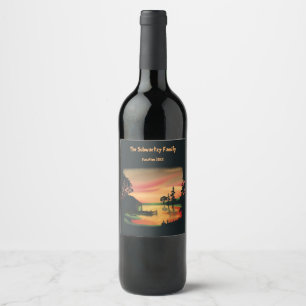 Vintage pond sunset pontoon escape green red wine label