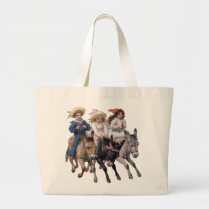 Vintage Ponies and Cute Children Large Tote Bag