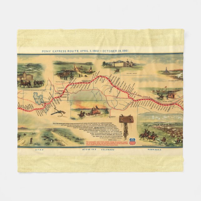 Vintage Pony Express Map Fleece Blanket (Front (Horizontal))