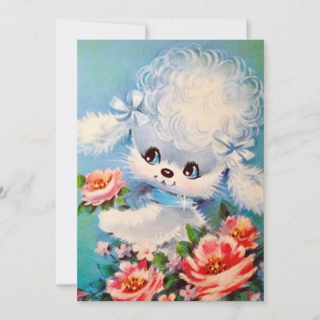 Vintage Poodle Puppy Dog In Flowers Holiday Card (Front)