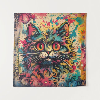 Vintage Pop Art, Louis Wain Style, Beautiful Cat Tapestry